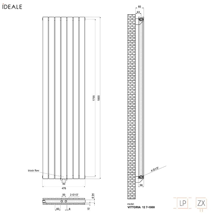 Ideale Vittoria 12 7/1800/476 антрацит Габаритные размеры