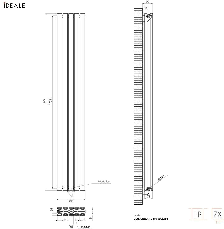 Ideale Jolanda 12 5/1800/295 білий Габаритні розміри