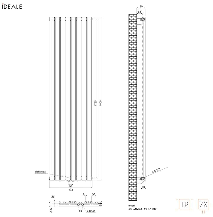 Ideale Jolanda 11 8/1800/472 антрацит Габаритные размеры