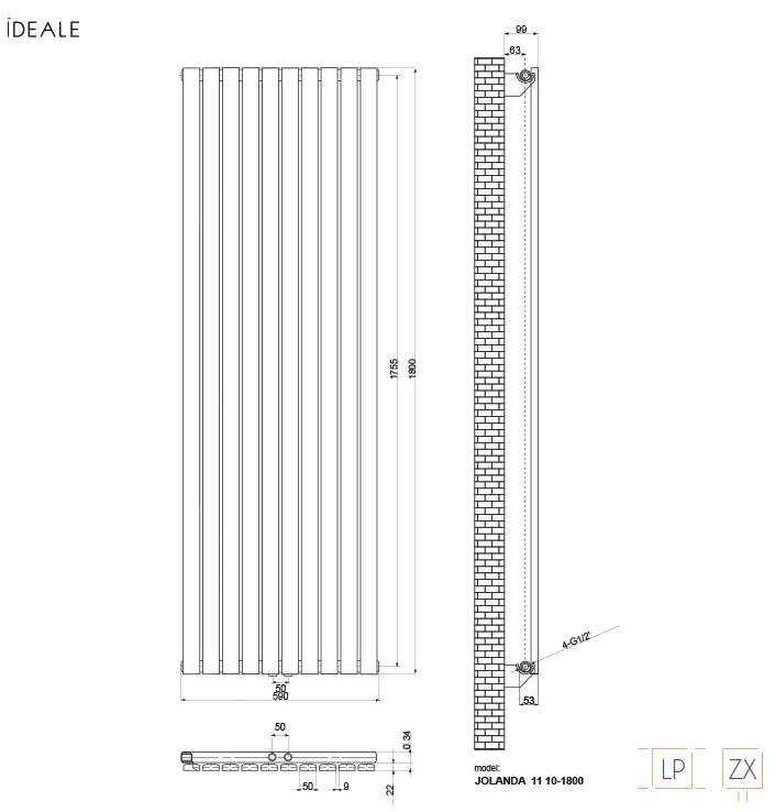 Ideale Jolanda 11 10/1800/590 белый Габаритные размеры