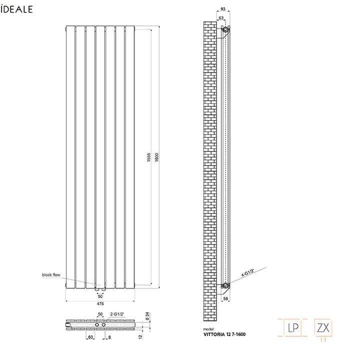 Ideale Vittoria 12 7/1600/476 белый Габаритные размеры