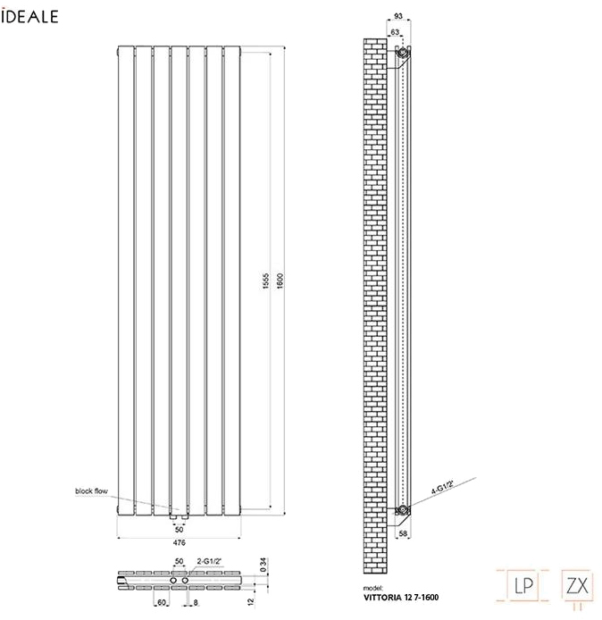 Ideale Vittoria 12 7/1600/476 антрацит Габаритные размеры