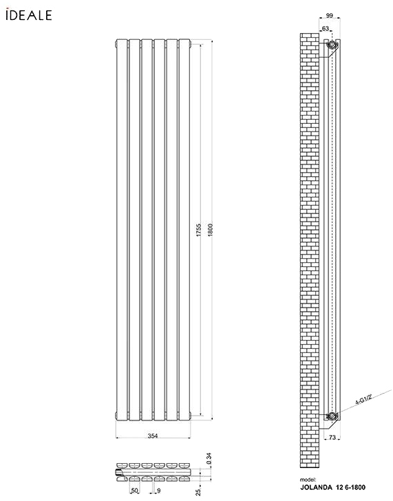 Ideale Jolanda 12 6/1800/354 антрацит (боковое подключение) Габаритные размеры