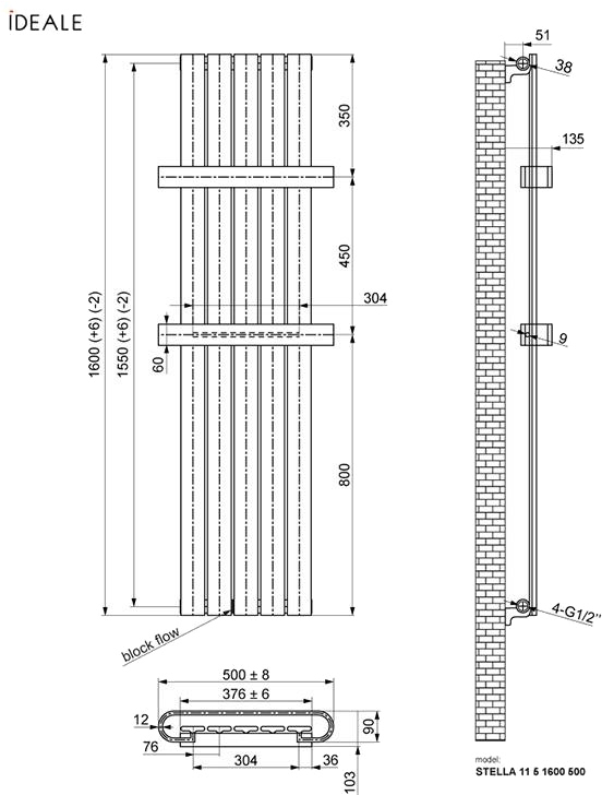 Ideale Stella 11 5/1600/500 белый Габаритные размеры