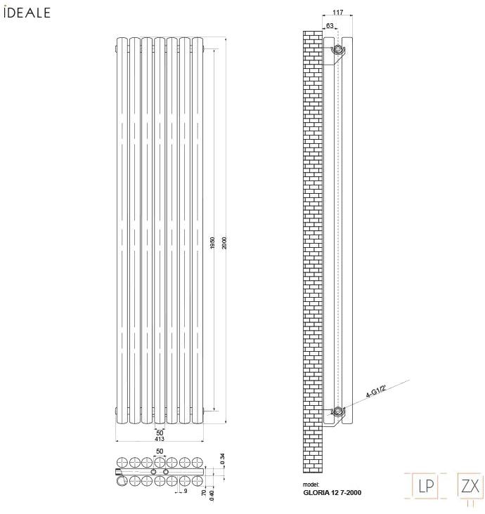 Ideale Gloria 12 7/2000/413 черный Габаритные размеры