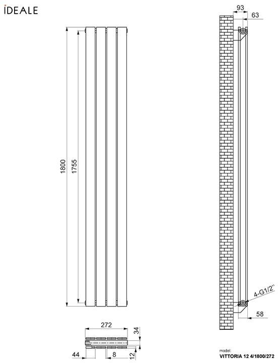 Ideale Vittoria 12 4/1800/272 черный (боковое подключение) Габаритные размеры