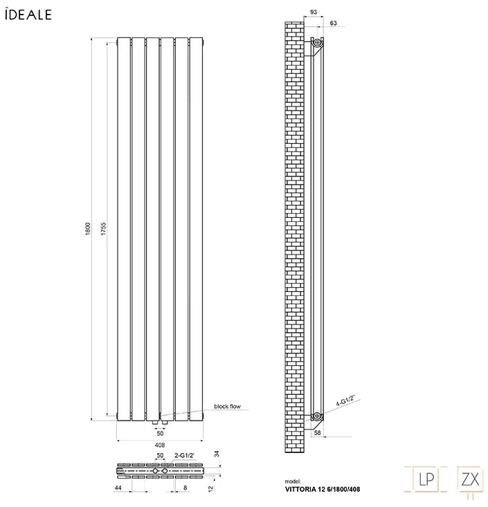 Ideale Vittoria 12 6/1800/408 антрацит Габаритные размеры
