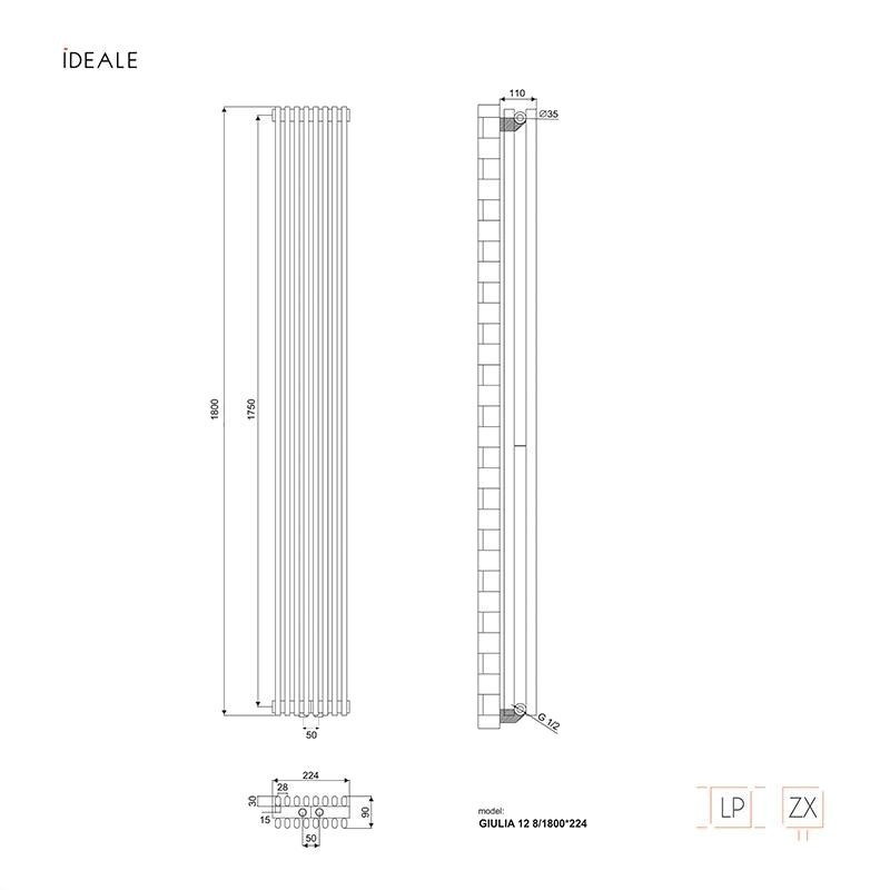 Ideale Giulia 12 8/1800/224 антрацит Габаритные размеры