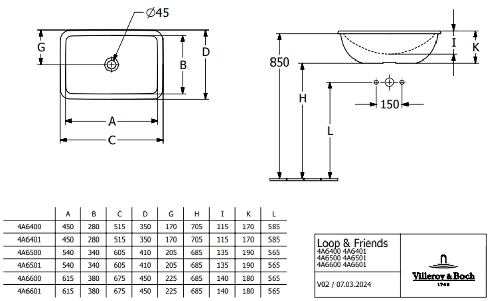Villeroy&Boch Loop&Friends 4A6601R1 Габаритные размеры