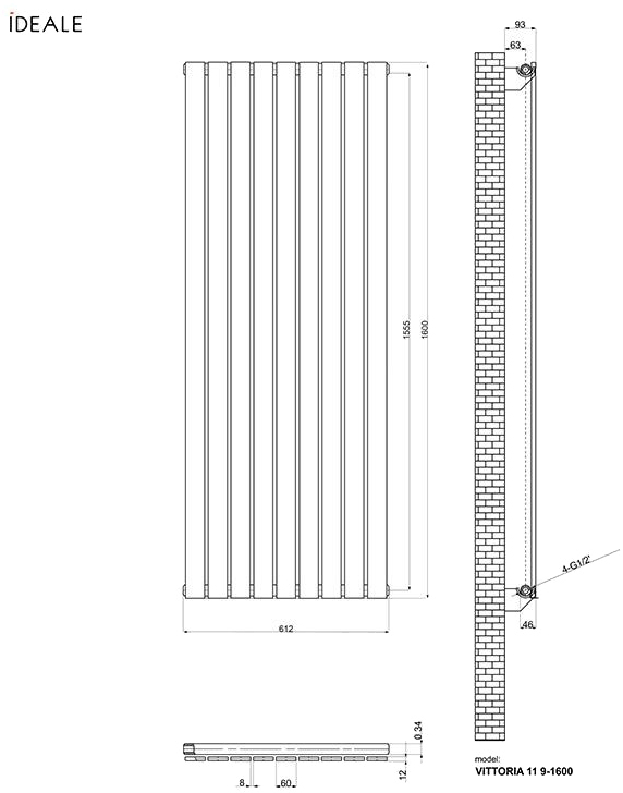 Ideale Vittoria 11 9/1600/612 черный (боковое подключение) Габаритные размеры