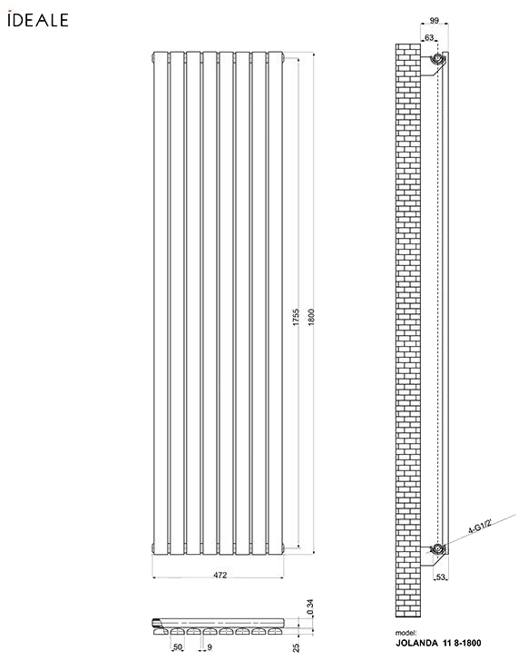 Ideale Jolanda 11 8/1800/472 антрацит (боковое подключение) Габаритные размеры