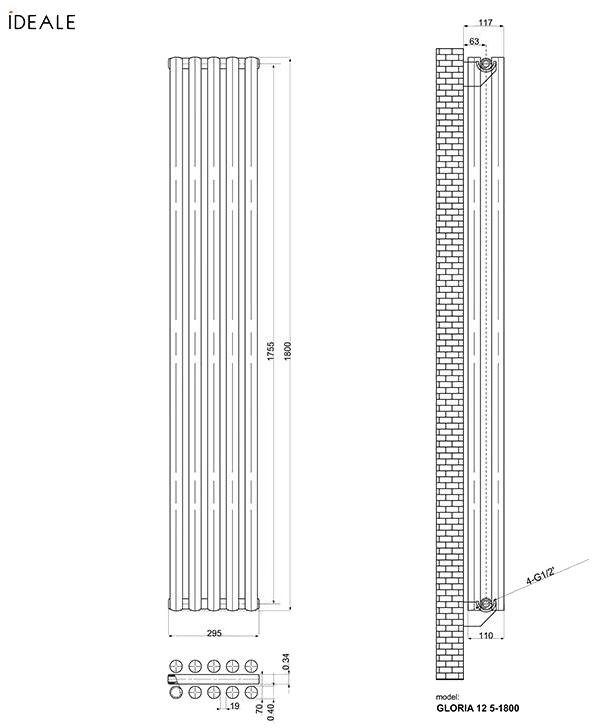 Ideale Gloria 12 5/1800/295 черный (боковое подключение) Габаритные размеры