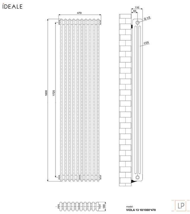 Ideale Viola 13 10/1800/470 черный Габаритные размеры