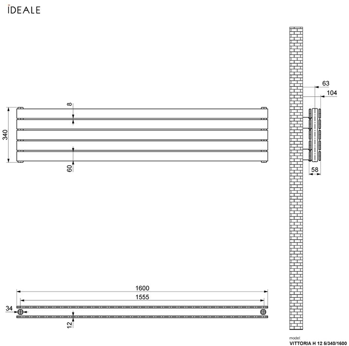 Ideale Vittoria H 12 5/340/1600 антрацит Габаритные размеры