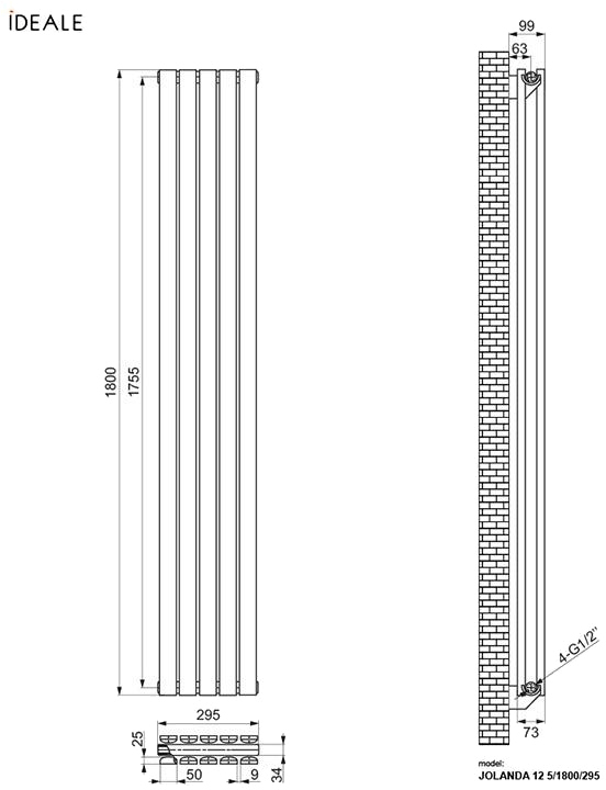 Ideale Jolanda 12 5/1800/295 белый (боковое подключение) Габаритные размеры