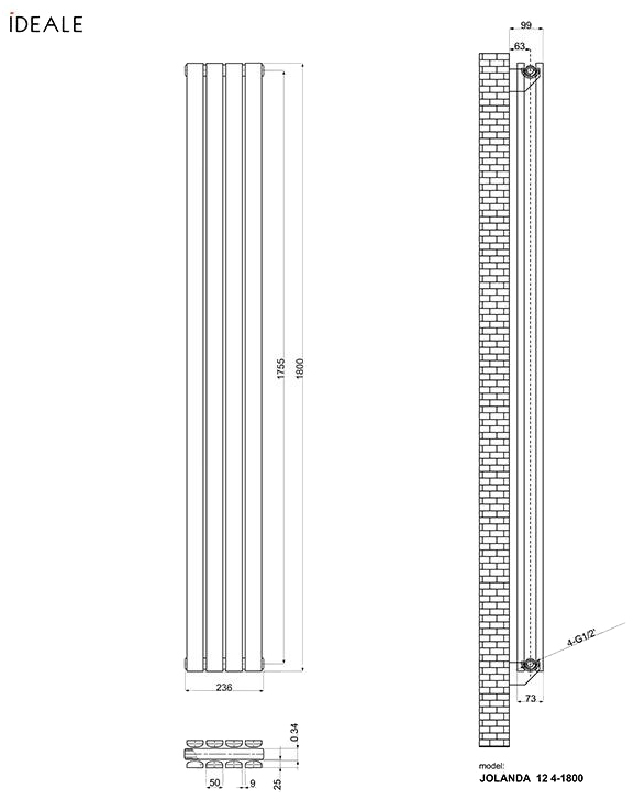Ideale Jolanda 12 4/1800/236 белый (боковое подключение) Габаритные размеры