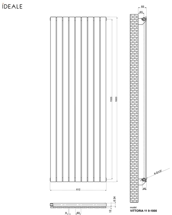 Ideale Vittoria 11 9/1800/612 черный (боковое подключение) Габаритные размеры