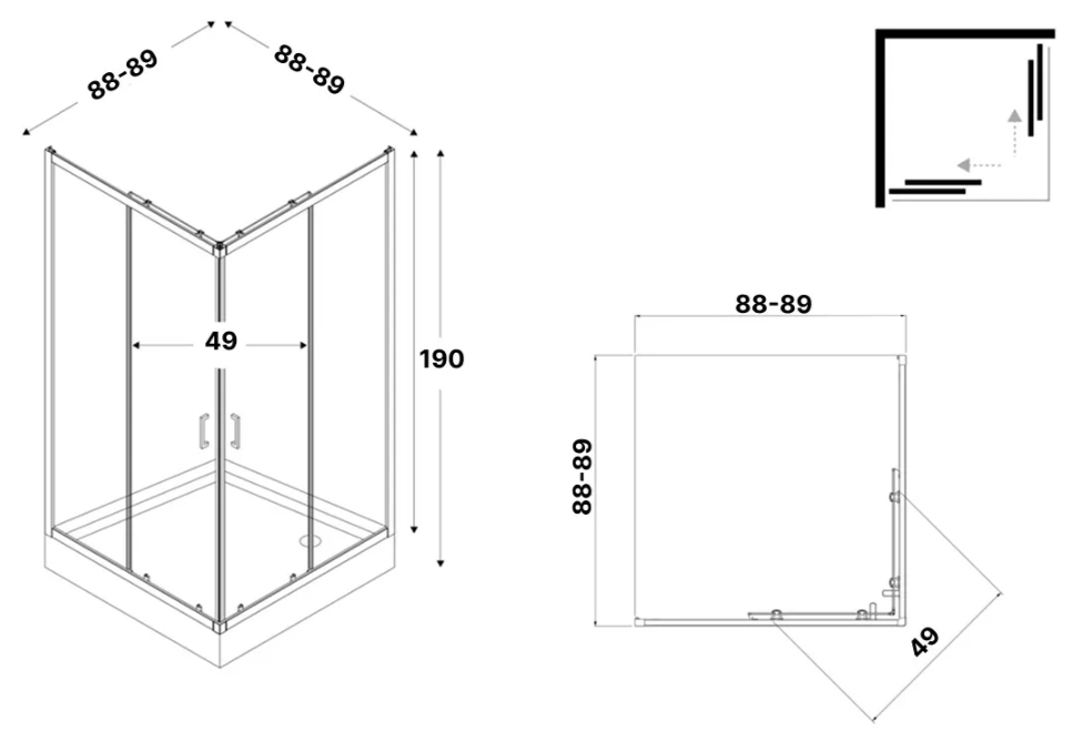 New Trendy Suvia Black 2D R55 90x90x190 (K-5118) Габаритные размеры