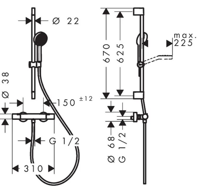 Hansgrohe Activera Select S 0,65 EcoSmart із термостатом Ecostat Fine, Chrome (28876000) Габаритні розміри