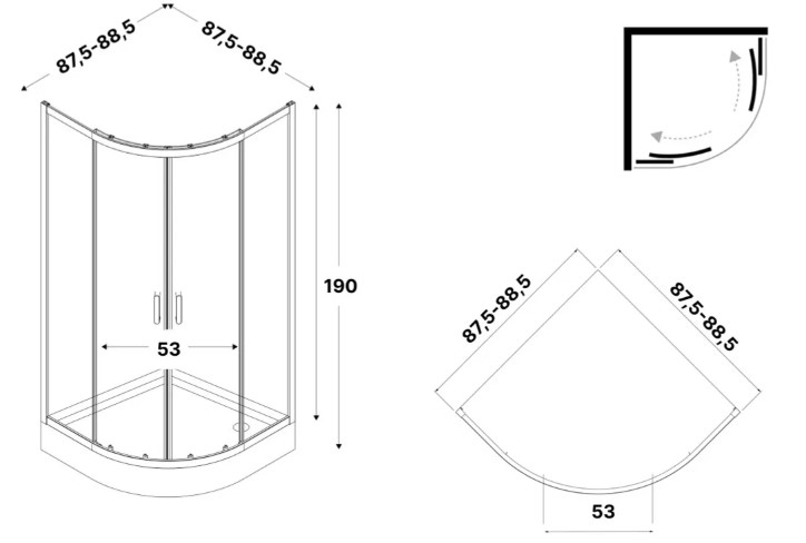 New Trendy Suvia Black 2D R55 90x90x190 (K-5124) скло сатин Габаритні розміри