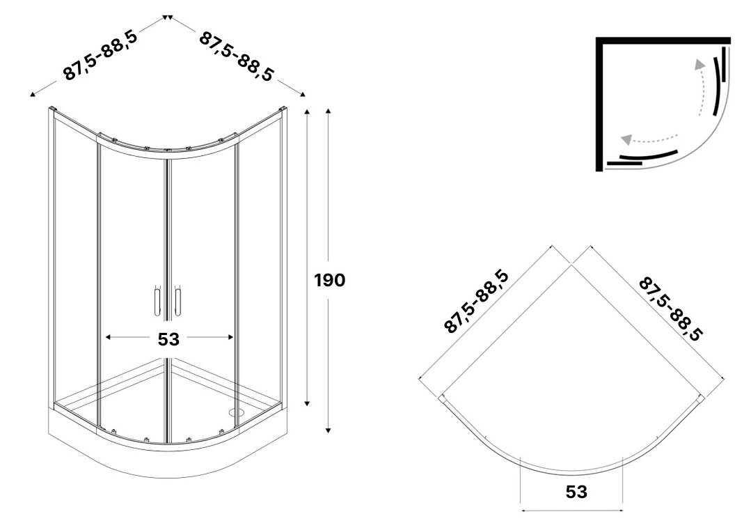 New Trendy Suvia Black 2D R55 90x90x190 (K-5116) Габаритні розміри