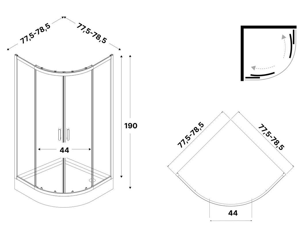 New Trendy Suvia Black 2D R55 80x80x190 (K-5123) стекло сатин Габаритные размеры