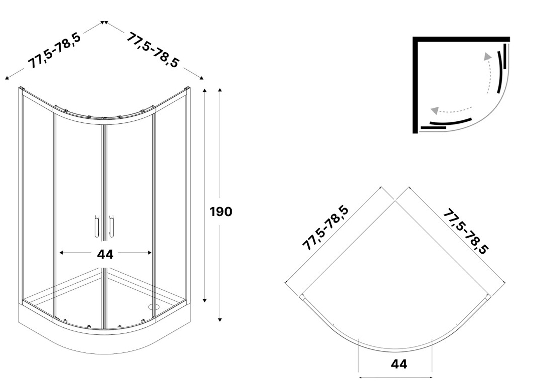New Trendy Suvia Black 2D R55 80x80x190 (K-5115) Габаритные размеры