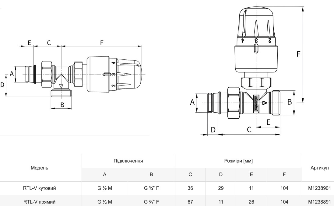 Meibes Simplex RTL в комплекте с термостатической головкой, угловой 1/2"x3/4" Габаритные размеры
