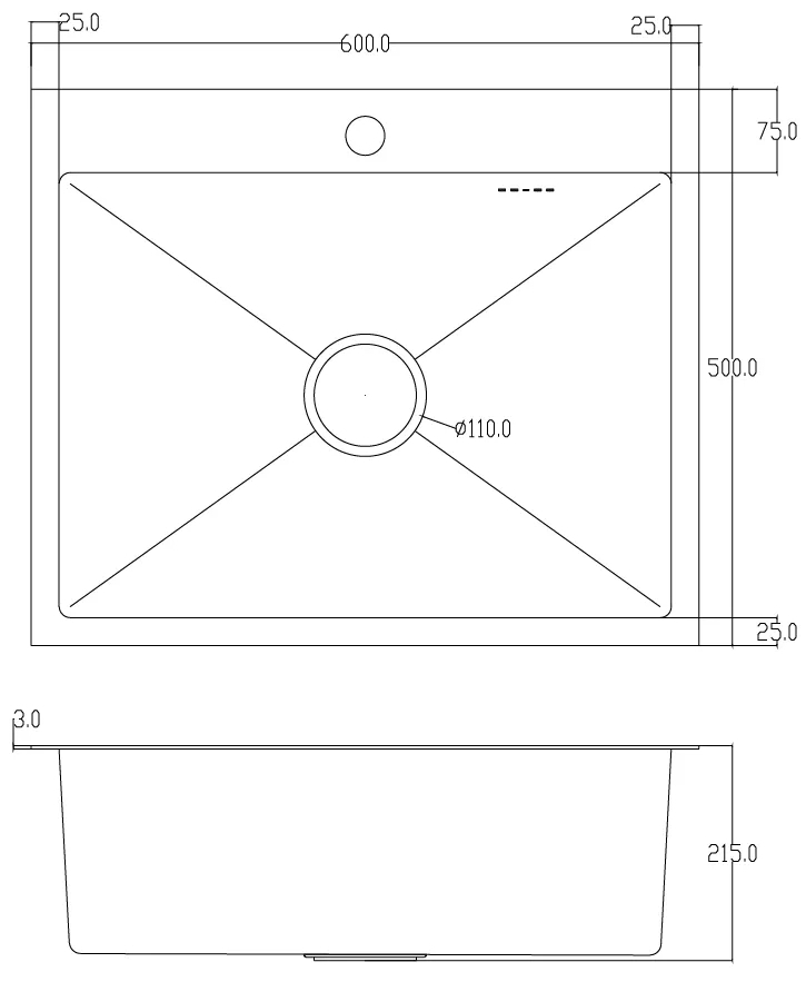 ITAL ID 6050-G, 600x500x215мм, нержавеющая сталь Габаритные размеры