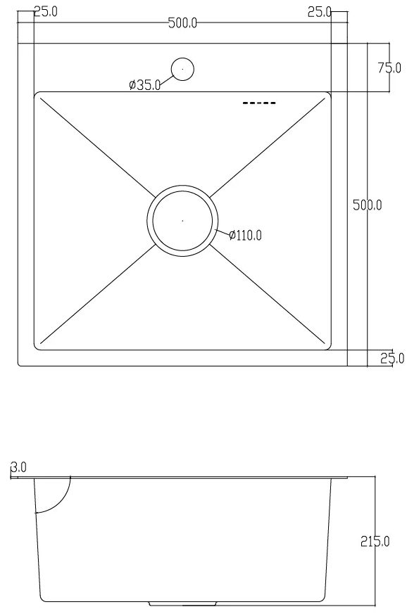 ITAL ID 5050-G, 500x500x215мм, нержавеющая сталь Габаритные размеры