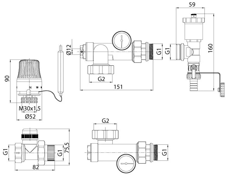 ITAL MG1-A 1"x3/4" терм. клапан прямой, без насоса Габаритные размеры