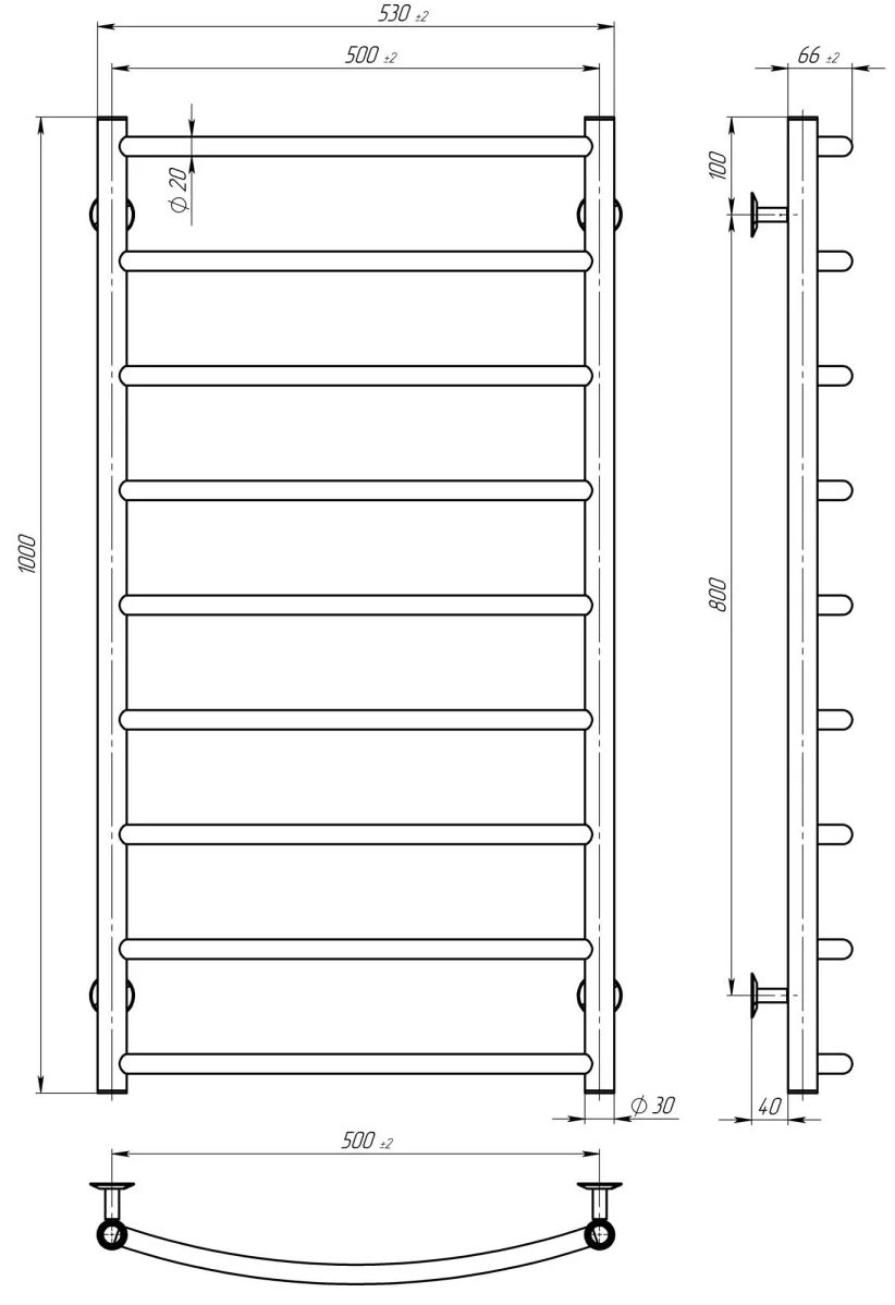 Deffi Класік П9 500x1000 Е Хром, JD03, Ліве підключення (C.DK.100.50.9.E.C.L.1) Габаритні розміри