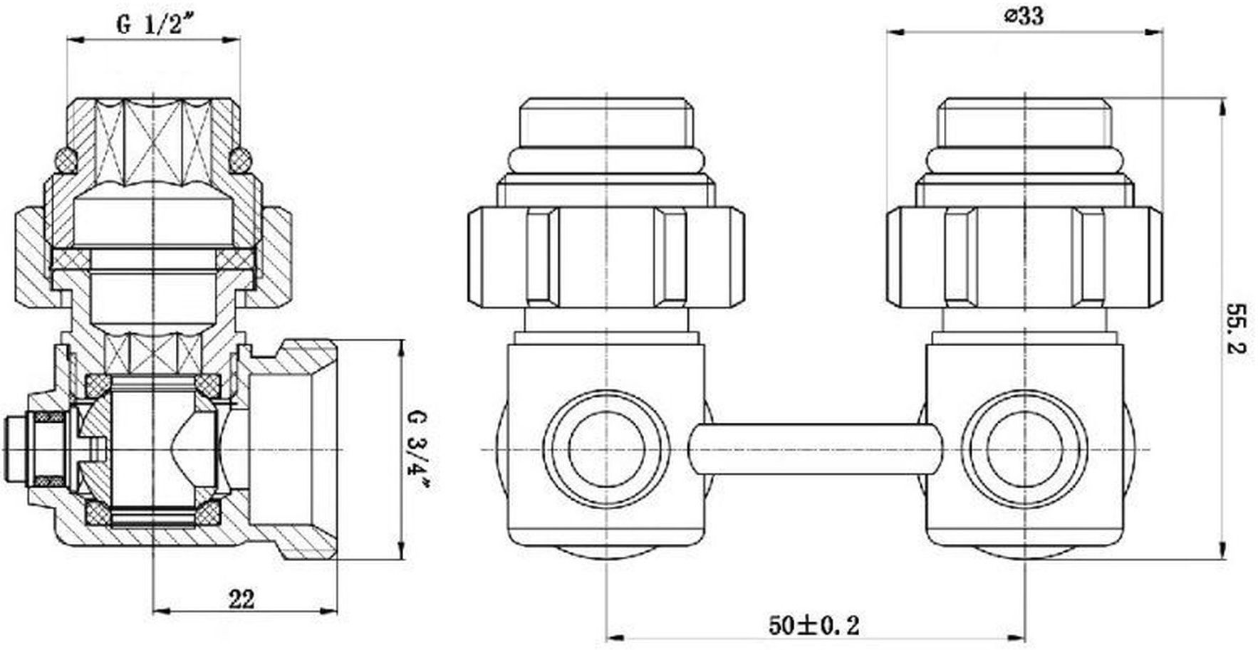 Solomon NV 5102 угловой, шаровой, G1/2"x3/4" Габаритные размеры