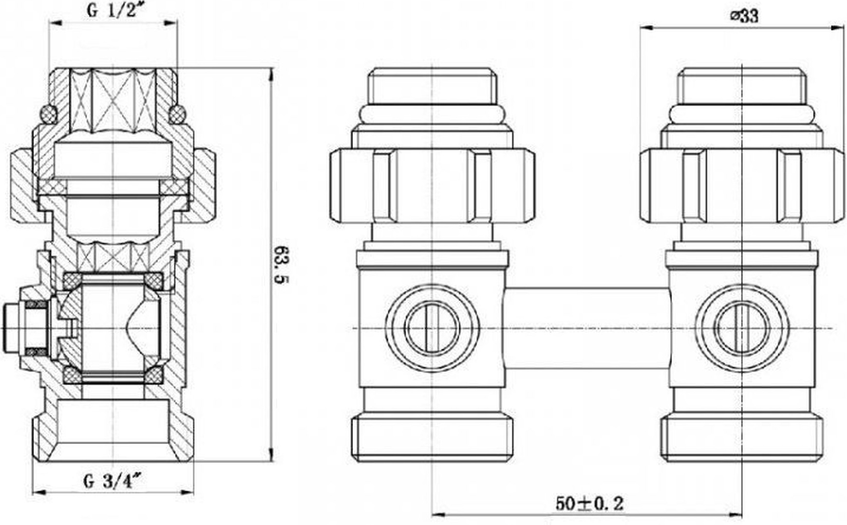 Solomon NV 5103 прямой, шаровой, 1/2"x3/4" Габаритные размеры