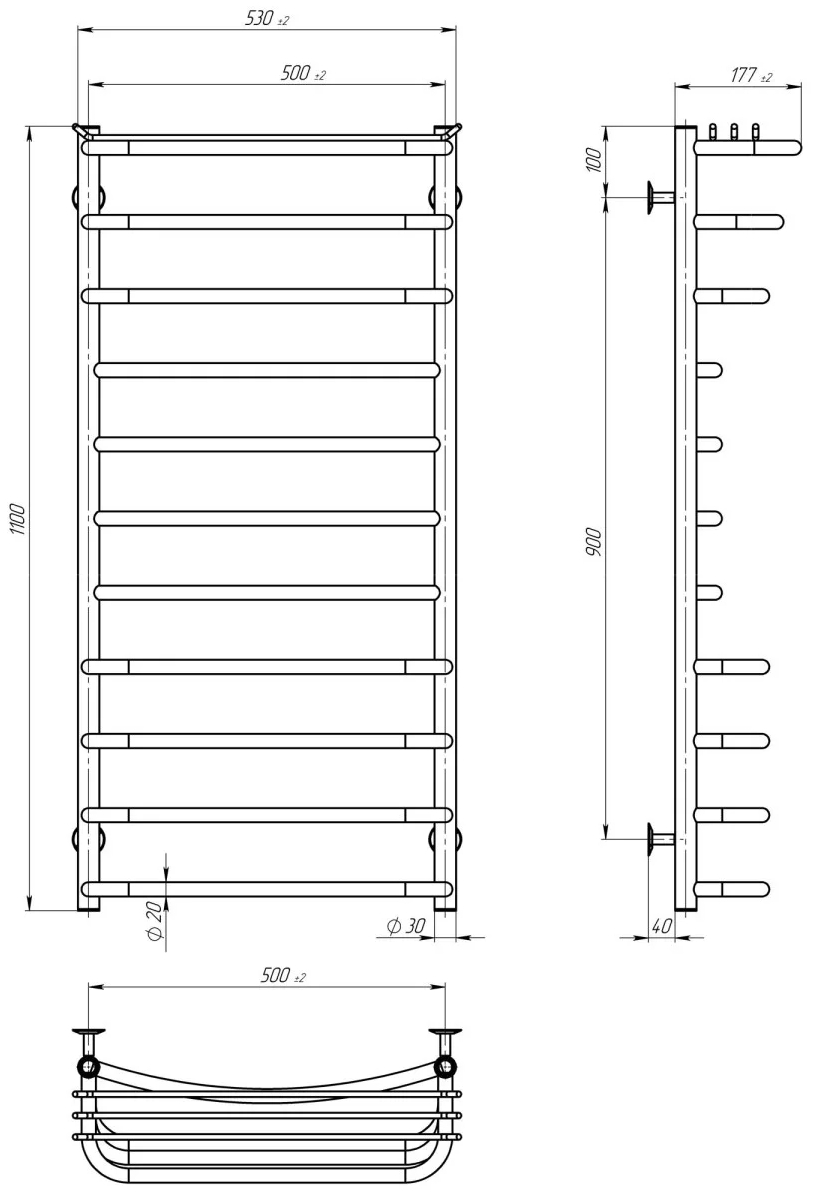 Deffi Юность П11 500x1100 Хром, Нижнее подключение (C.YU.110.50.11.C.A) Габаритные размеры