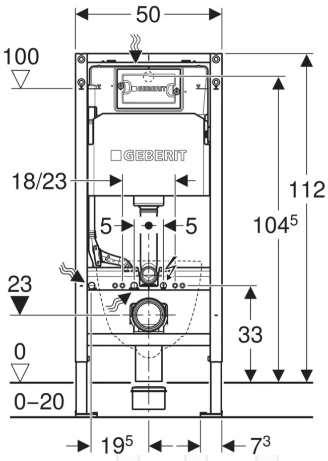 Geberit DuofixBasic 458.133.21.3 c клавишей Delta01 Габаритные размеры