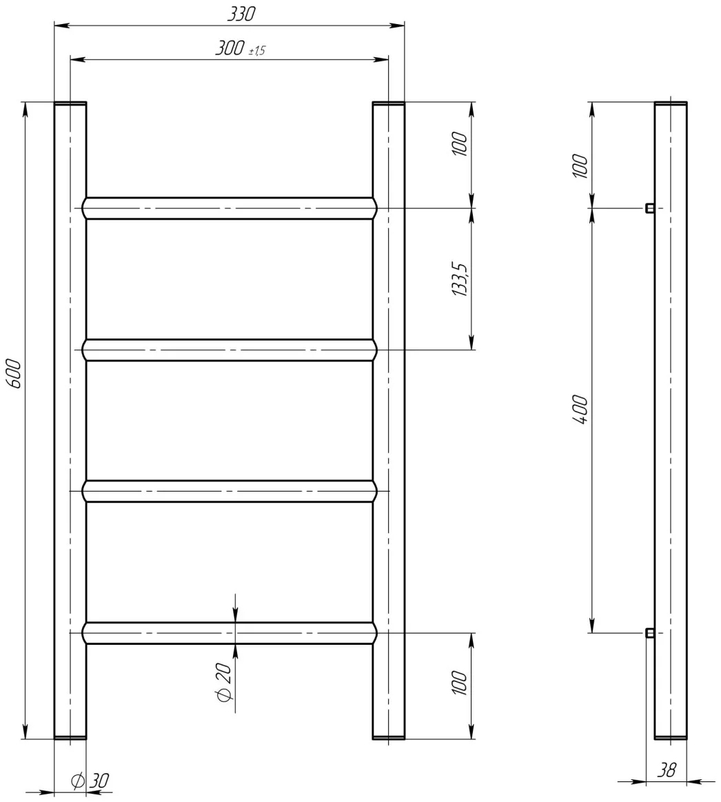 Deffi Орион П4 300*600 Е Хром, JD03, Правое подключение (C.OR.60.30.4.E.C.R.1) Габаритные размеры