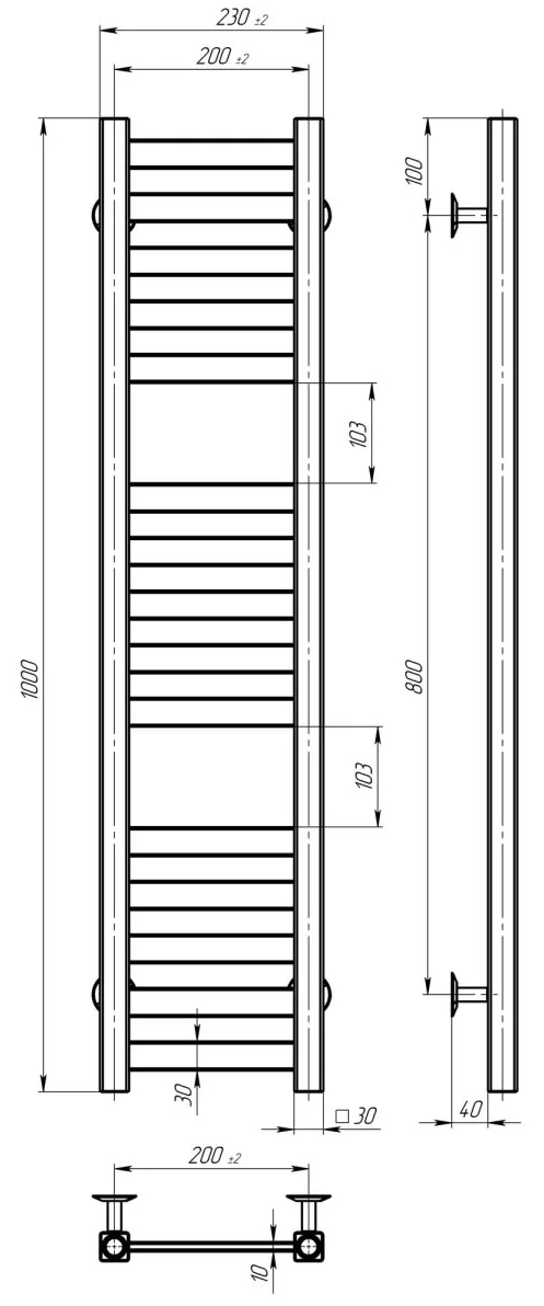 Deffi Magnus П15 200*1000 Черный, Нижнее подключение (A.MA.100.20.15.B.A) Габаритные размеры