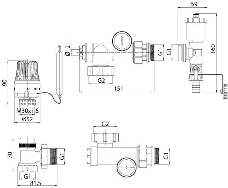 ITAL MG1-B 1"x3/4" терм. клапан угловой, без насоса Габаритные размеры