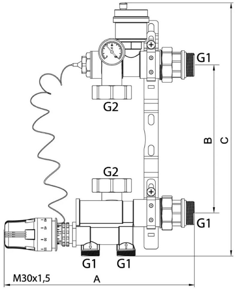 ITAL MS1-C 1"x1", нижнее подключение Габаритные размеры