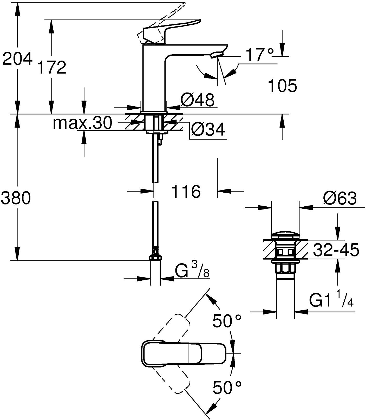 Grohe QuickFix Dice M-Size 1018332430 Габаритные размеры