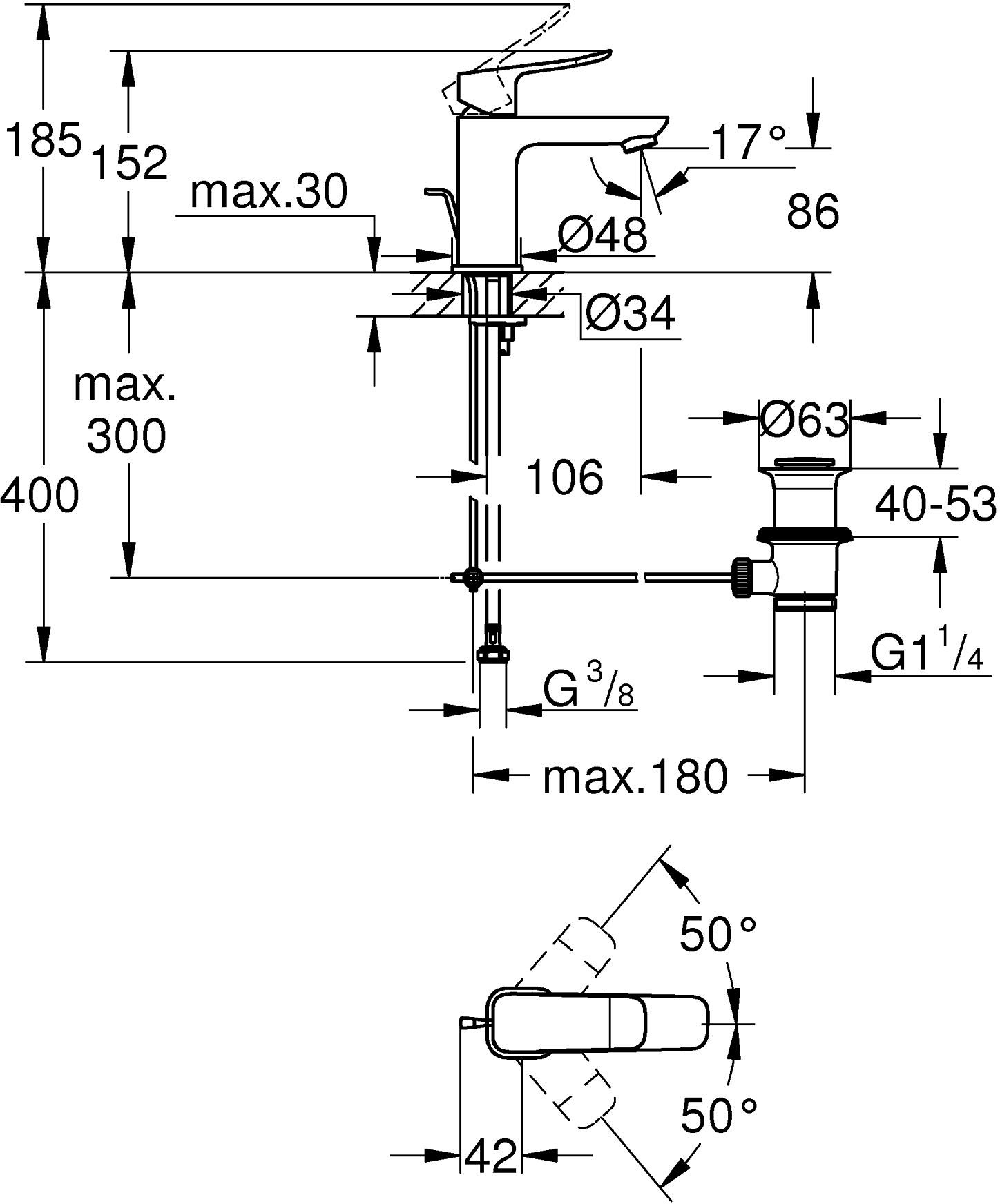 Grohe QuickFix Dice S-Size 1018562430 Габаритні розміри