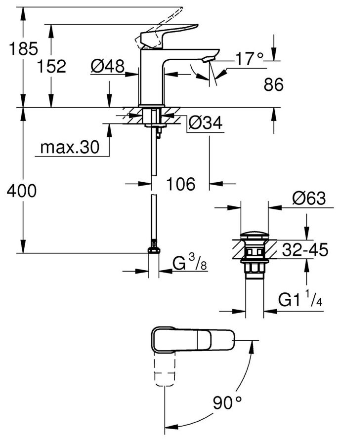 Grohe QuickFix Dice ES S-Size 1018610000 Габаритні розміри