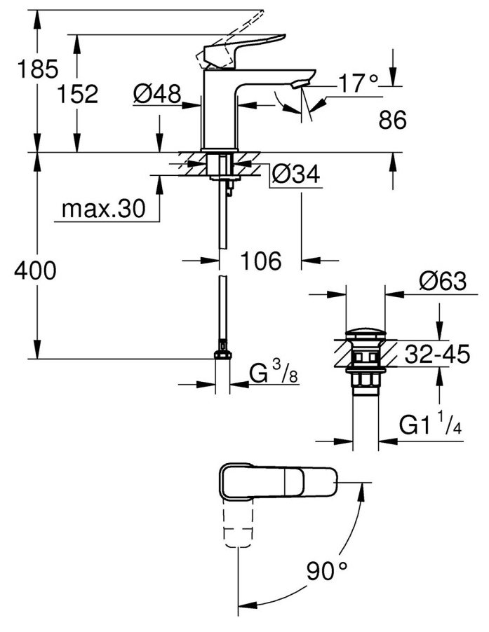 Grohe QuickFix Dice ES S-Size 1018612430 Габаритні розміри