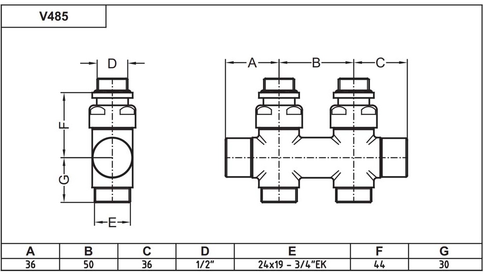 Carlo Poletti Twin 1/2" Зx3/4" EK 50 мм (V48510BSB) Габаритные размеры