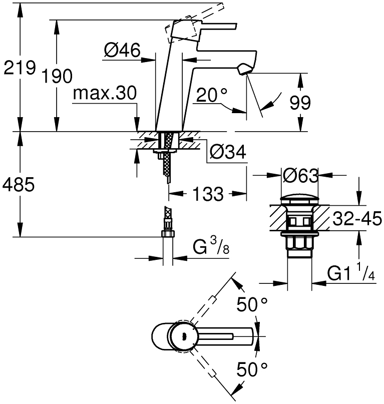 Grohe Concetto M-Size 23932001 Габаритные размеры