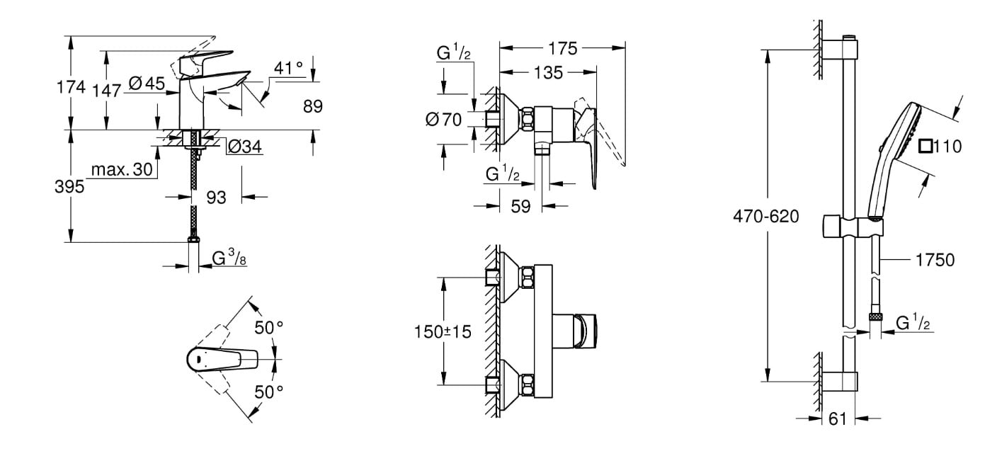 Grohe BauEdge New UA123208S1 Габаритные размеры