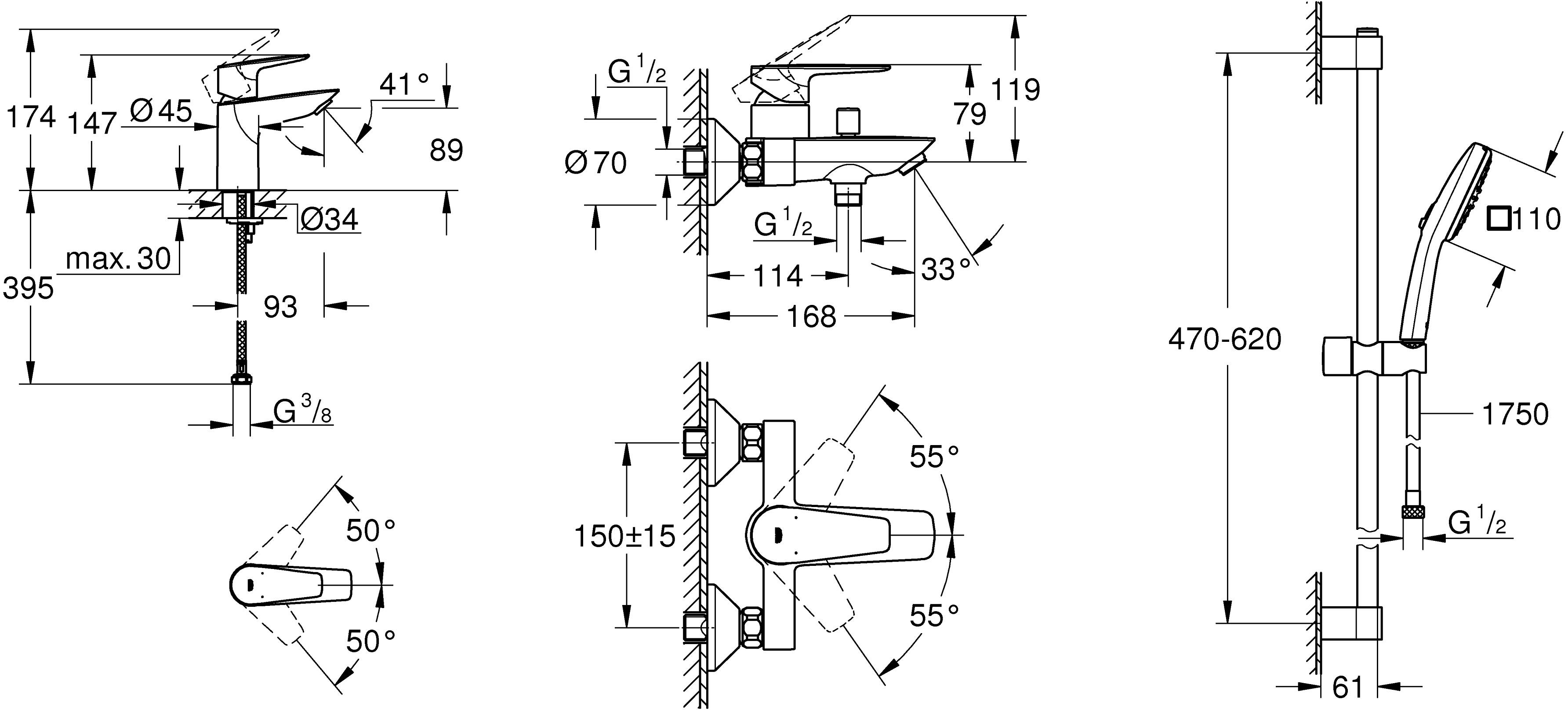 Grohe BauEdge New UA123365S1 Габаритные размеры