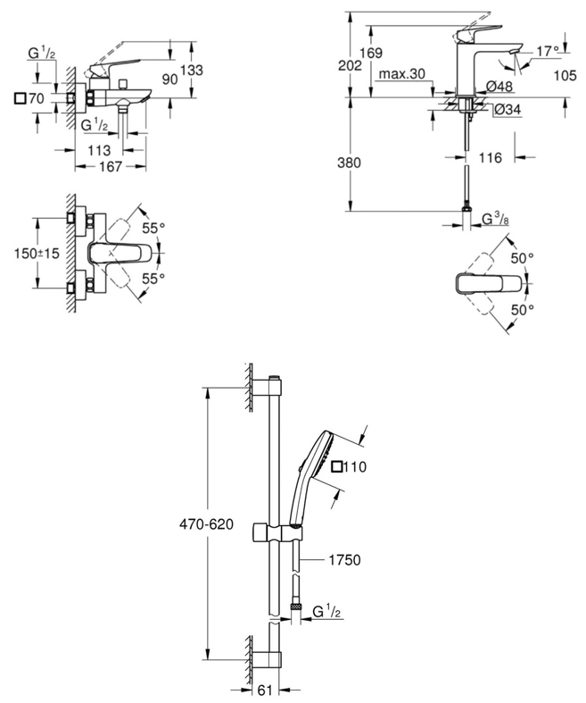 Grohe Cubeo UA125246M243 (1018132430+1017552430+ 267482433) Габаритні розміри