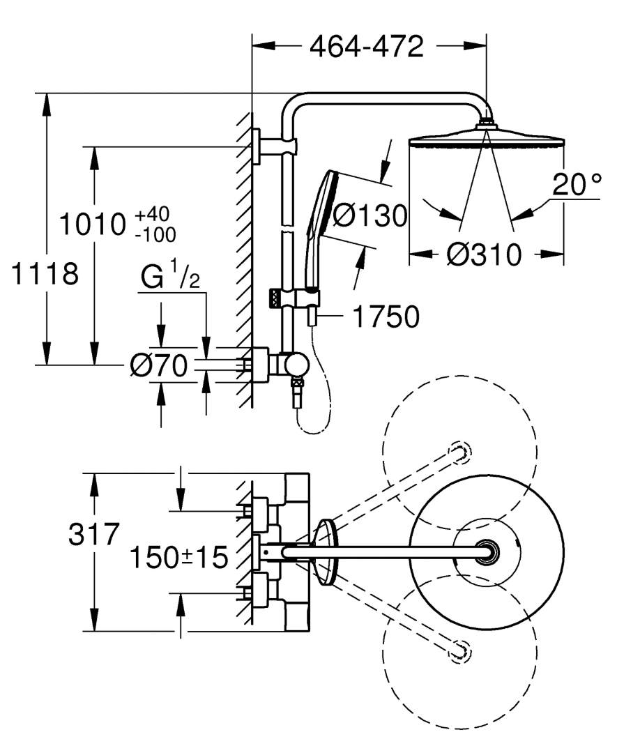 Grohe Rainshower Smartactive 310 22119KF0 Габаритные размеры
